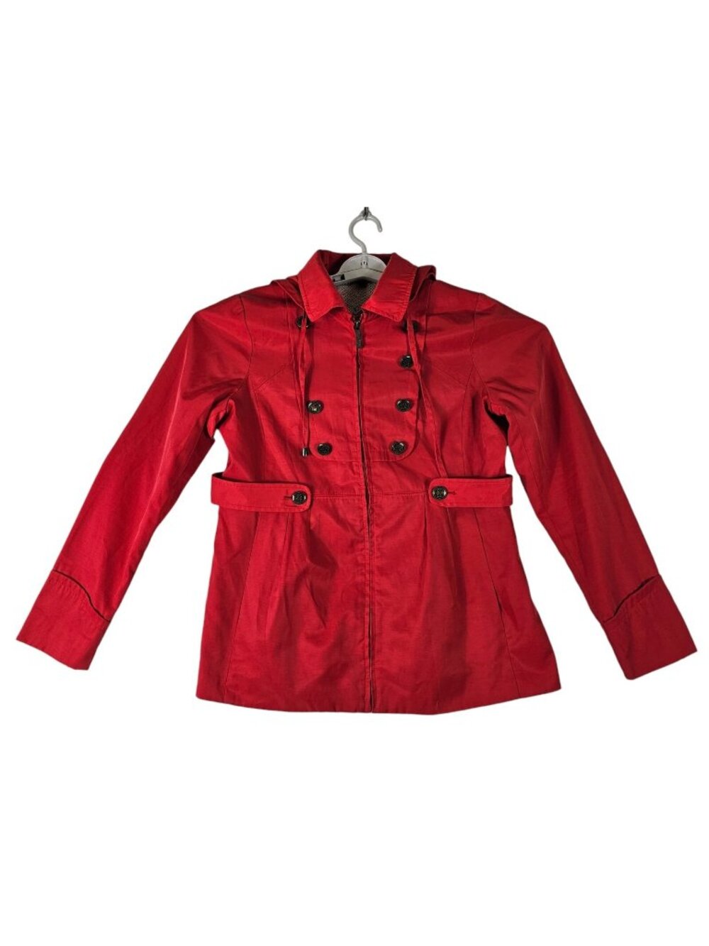 Steve Madden Pleated Hooded Belted Anorak Rain Jacket Red Size Large